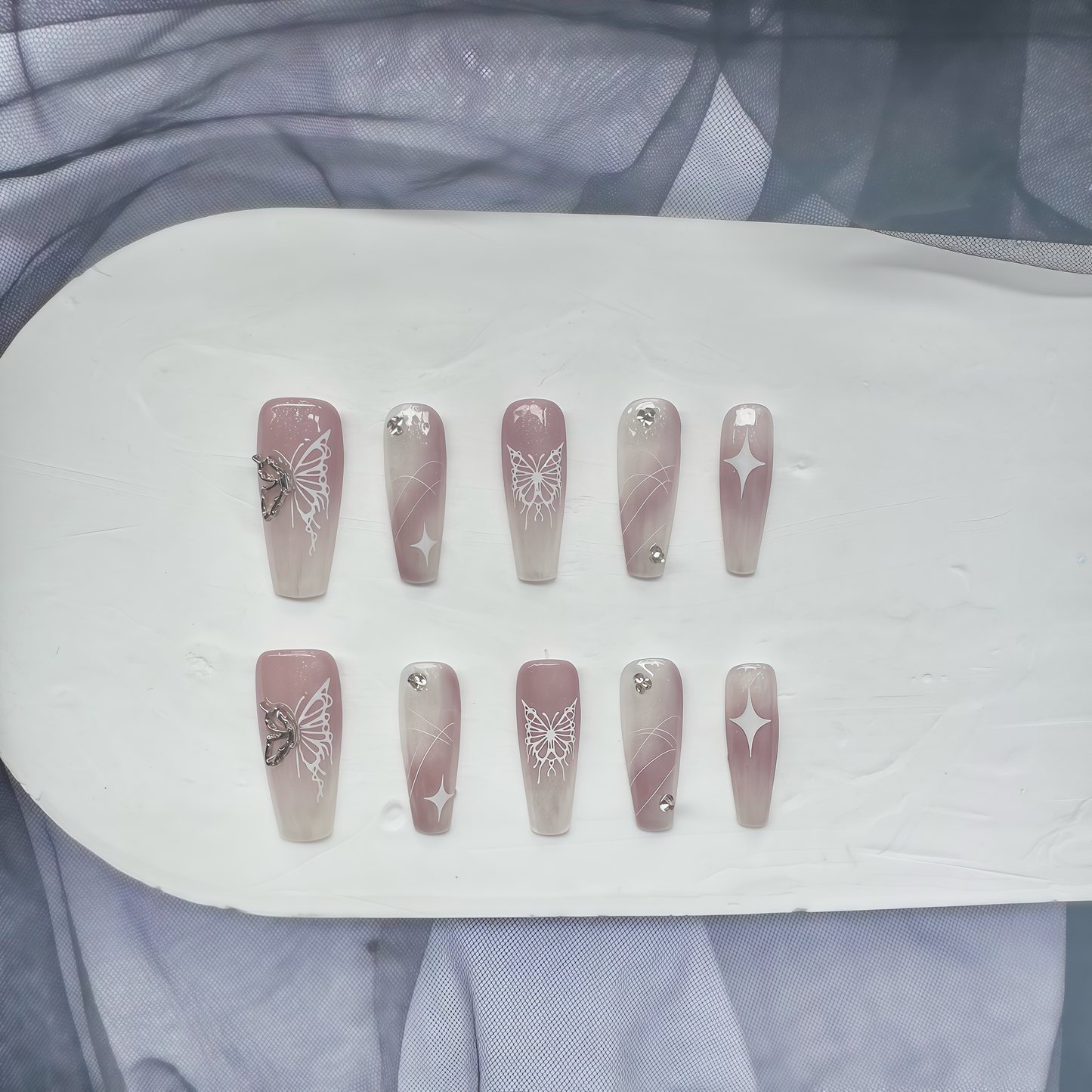 Girly Butterfly Rhinestone Press - on Nails | Pink Ombre Long Coffin False Nails