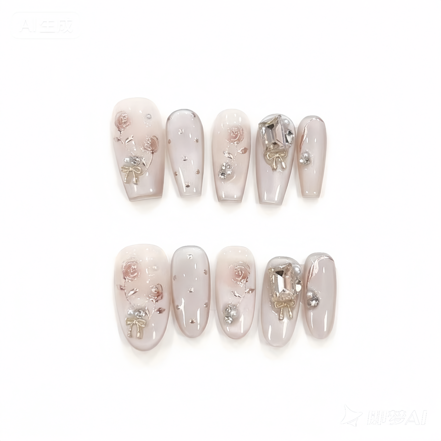 Set of decorative nails with floral and gold accents on a white background