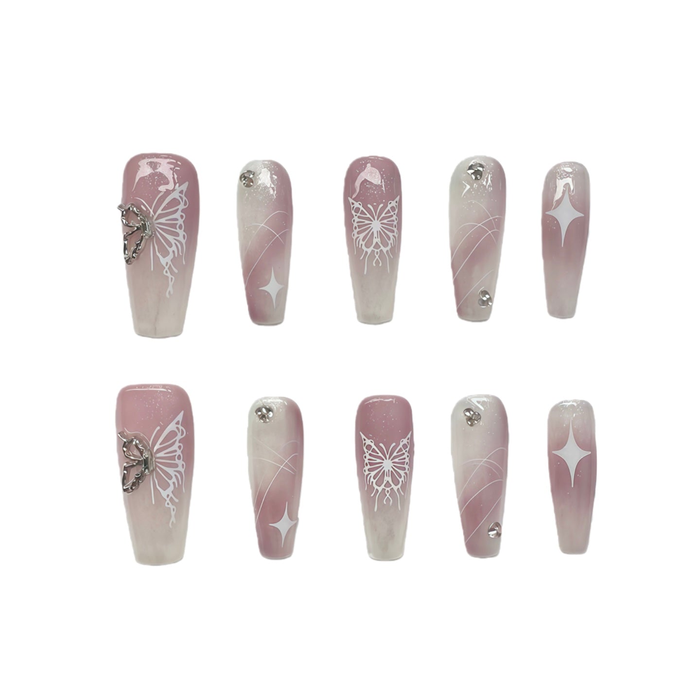 Girly Butterfly Rhinestone Press - on Nails | Pink Ombre Long Coffin False Nails