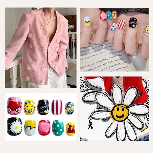 Collage of a pink jacket, colorful nail art, and a daisy with a smiley face.