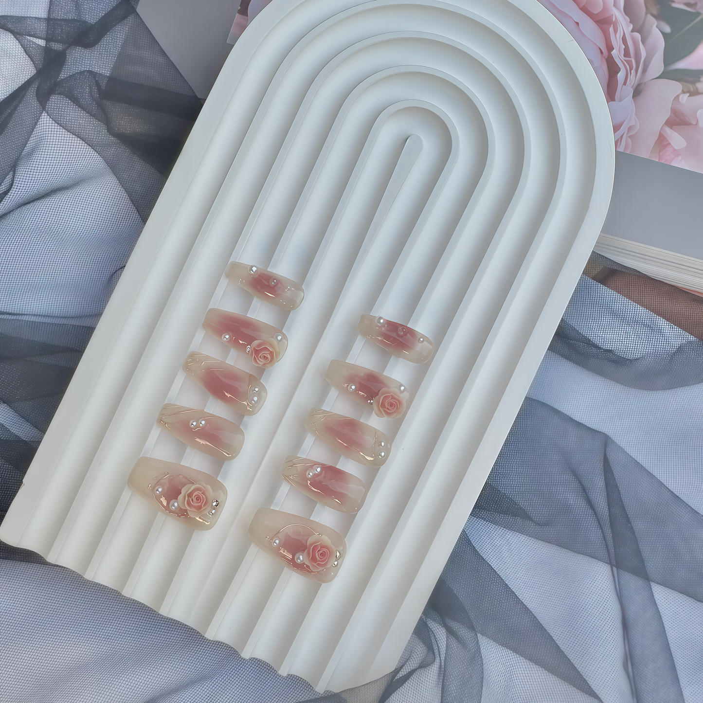 3D Rose Pearl Pink Ombre Press On Nails | Elegant Long Coffin False Nails for Wedding & Date