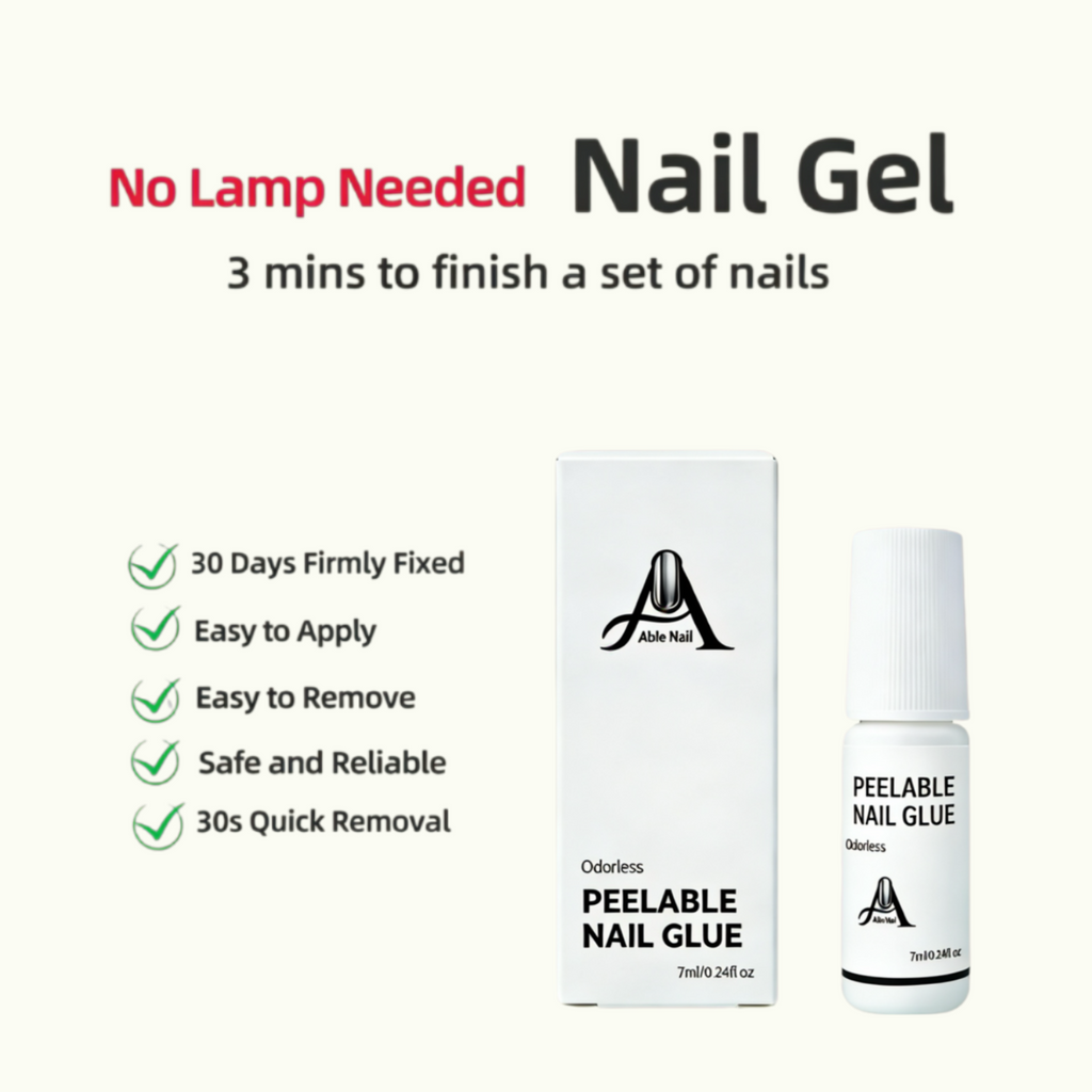 Peelable nail glue bottle and packaging with product features on a white background