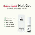 Peelable nail glue bottle and packaging with product features on a white background