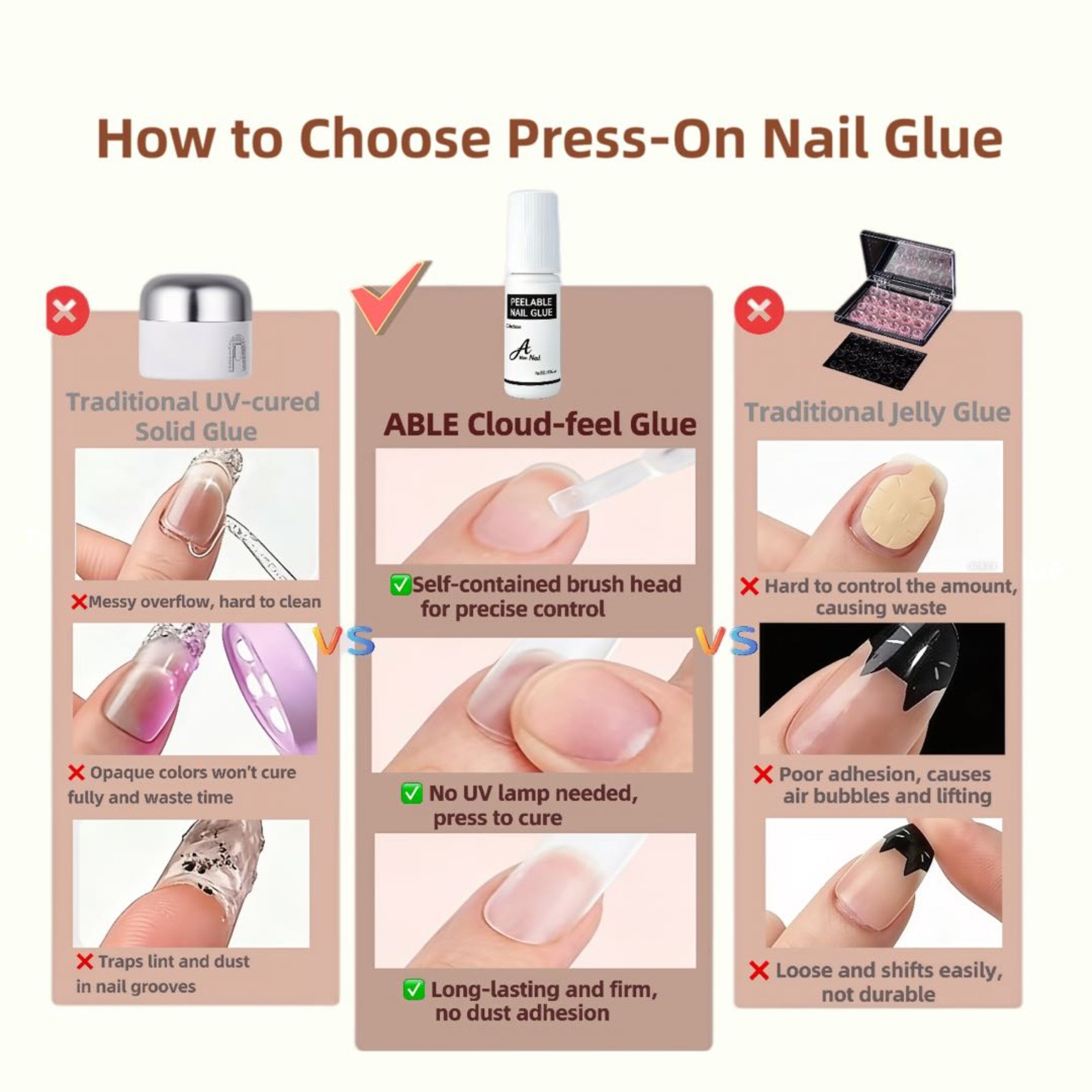 Comparison chart on choosing press-on nail glue with text and images.