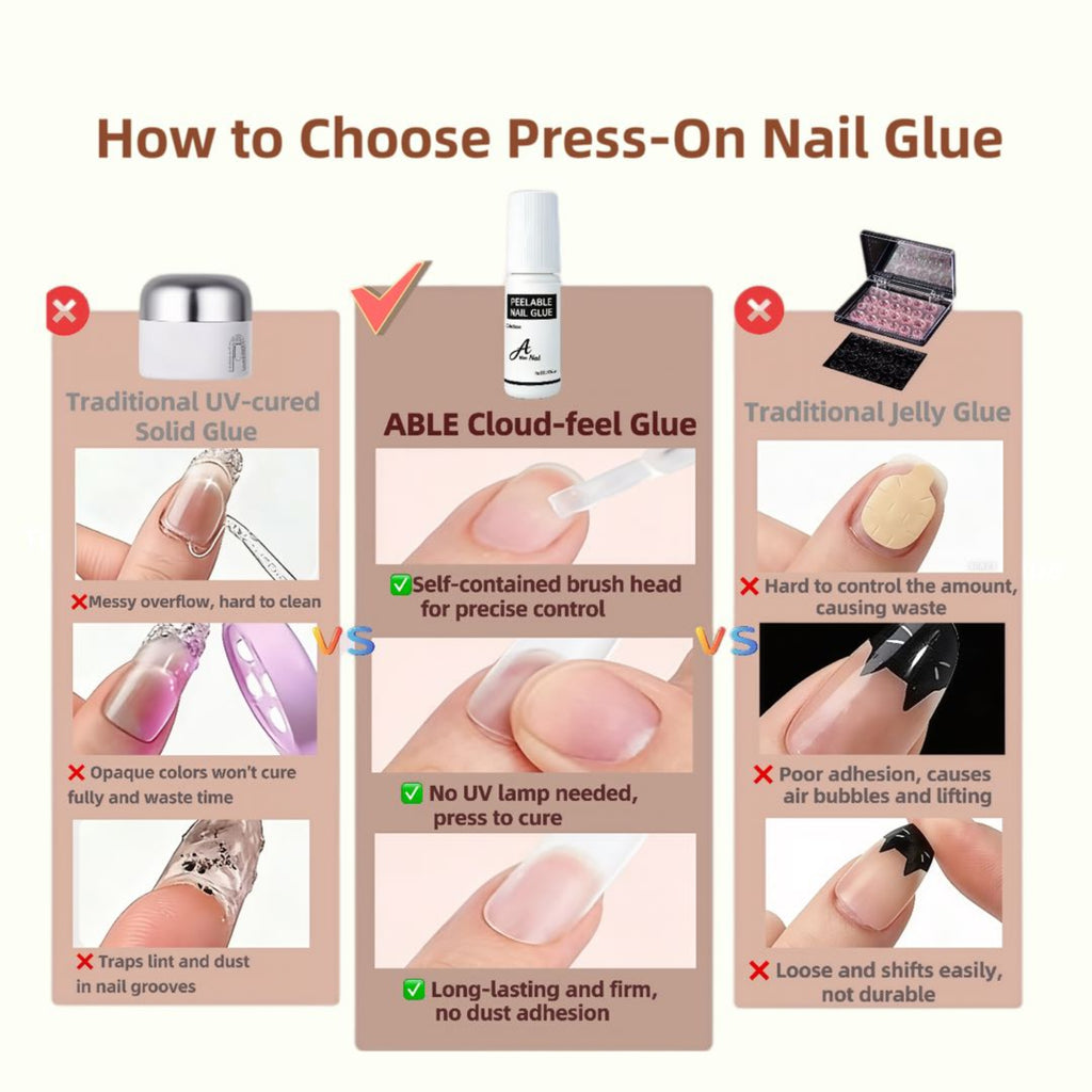 Comparison chart on choosing press-on nail glue with text and images.