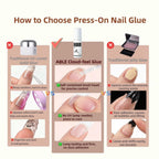 Comparison chart on choosing press-on nail glue with text and images.