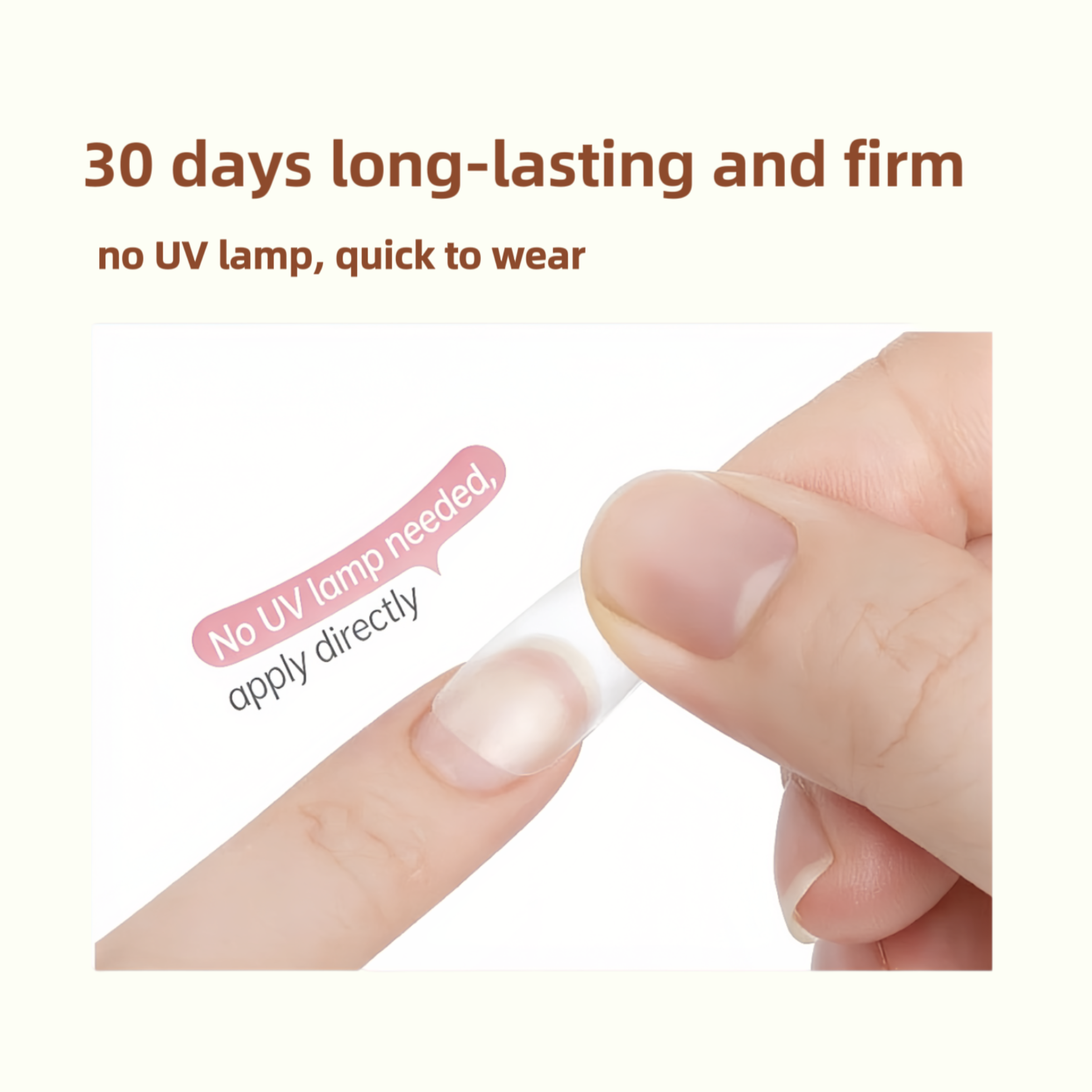 Hand applying a nail treatment strip with text highlighting its features on a white background.