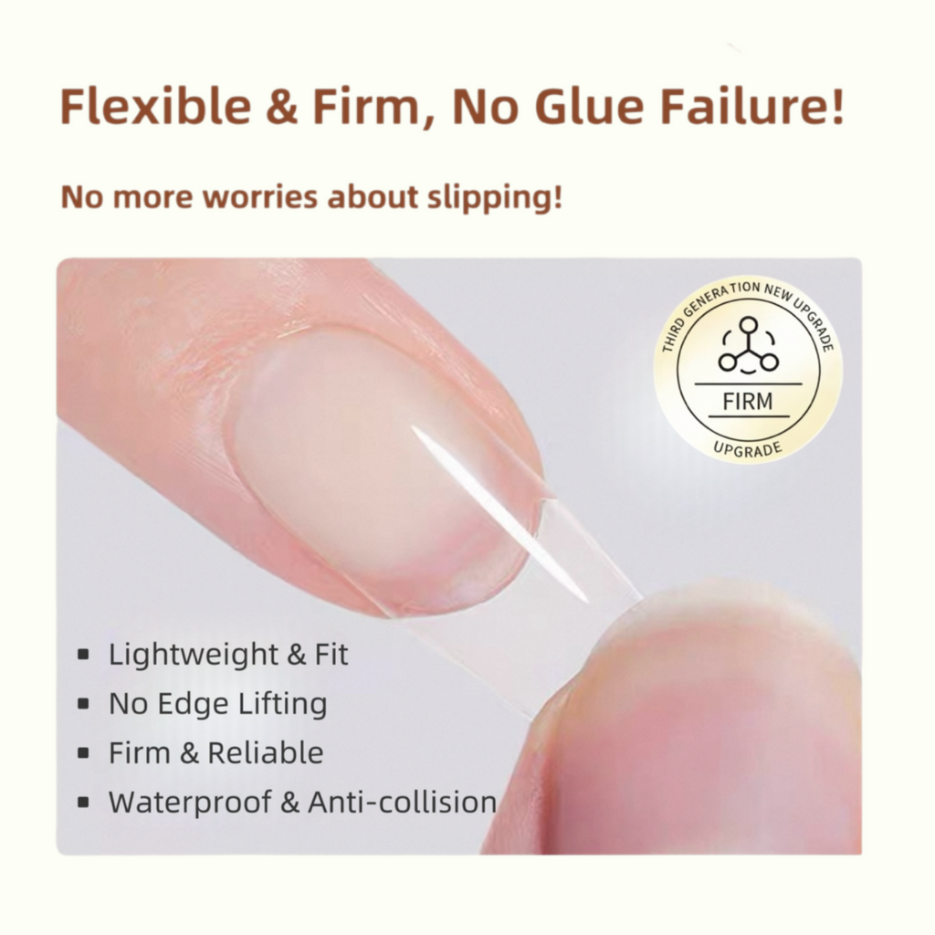 Nail extension with text highlighting features like flexibility, firmness, and no glue failure.