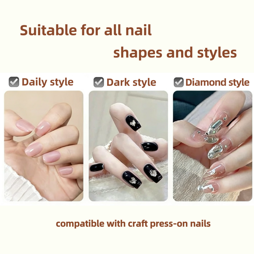 Three examples of press-on nails in different styles on a white background with text indicating compatibility.