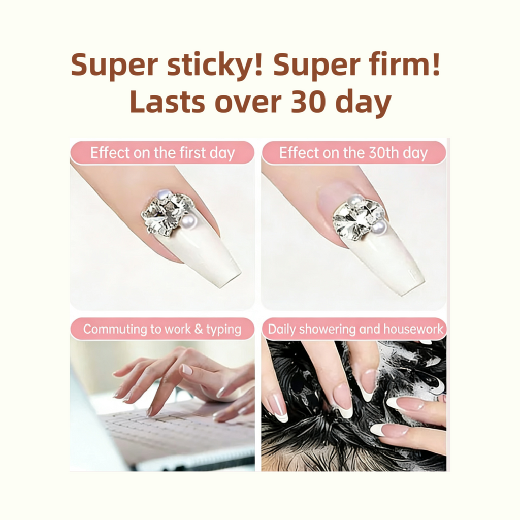 Product showing its effect on a finger over 30 days with text 'Super sticky! Super firm! Lasts over 30 day'.