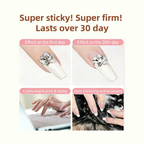 Product showing its effect on a finger over 30 days with text 'Super sticky! Super firm! Lasts over 30 day'.