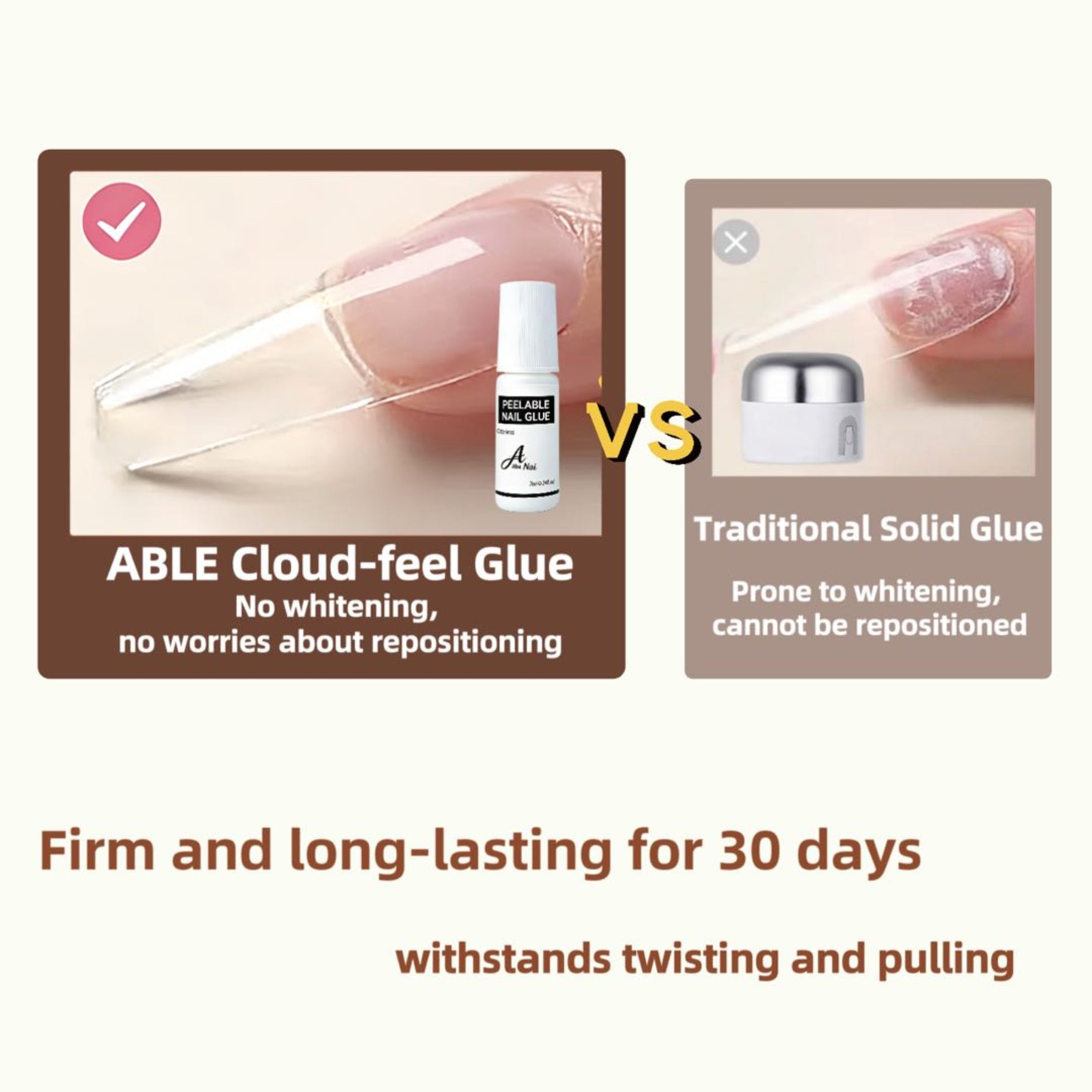 Comparison between ABLE Cloud-feel Glue and traditional solid glue with text highlighting benefits.