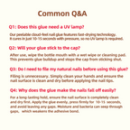 Answers to common questions about a nail glue product on a white background