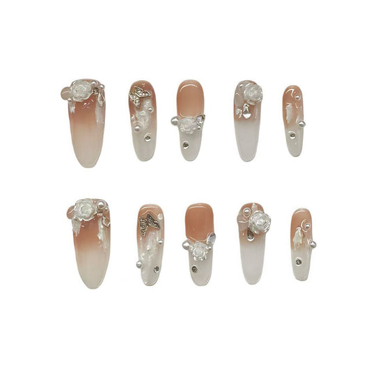 3D Rose Gradient Press On Nails | Beige Ombre with Metallic Butterfly Accents