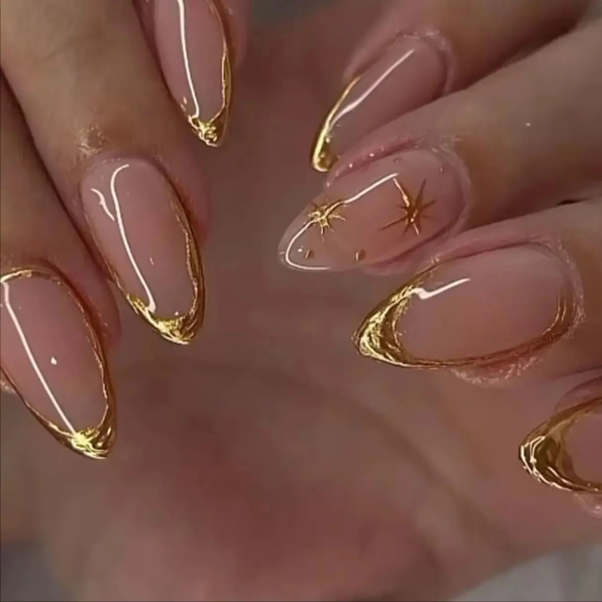 Hot Stamping Metal Gold Star Almond Fake Nails Art Thanksgiving Totem Moon Pearl Sun False Nails Charms Press on Nails Manicure
