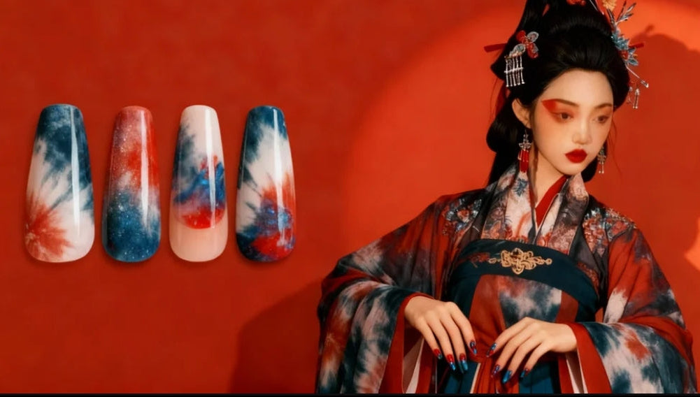 Traditional attire with red, white, and blue nail art on a red background