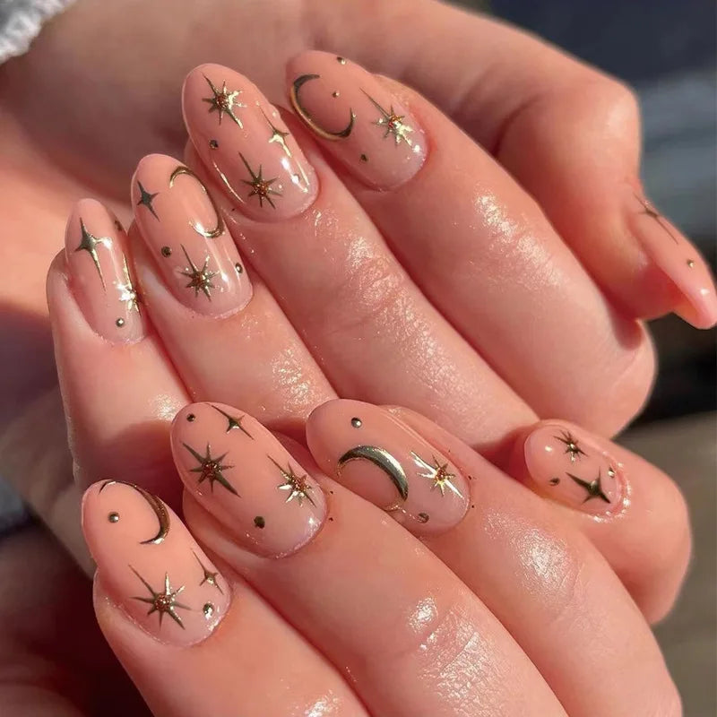 Hot Stamping Metal Gold Star Almond Fake Nails Art Thanksgiving Totem Moon Pearl Sun False Nails Charms Press on Nails Manicure