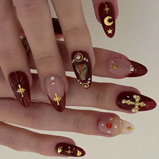 Hot Stamping Metal Gold Star Almond Fake Nails Art Thanksgiving Totem Moon Pearl Sun False Nails Charms Press on Nails Manicure