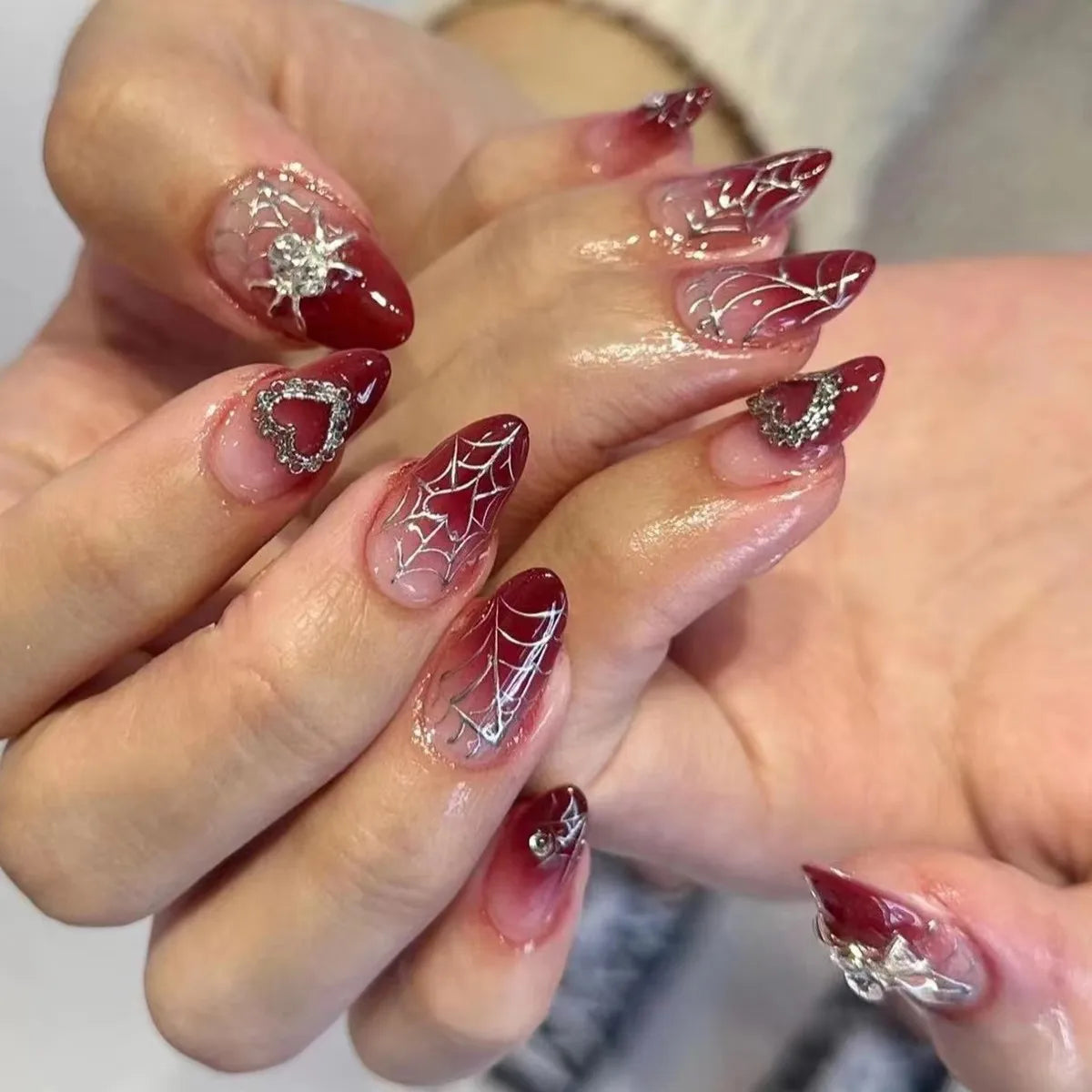 Hot Stamping Metal Gold Star Almond Fake Nails Art Thanksgiving Totem Moon Pearl Sun False Nails Charms Press on Nails Manicure