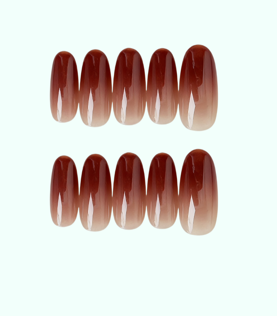 Set of brown ombre nail extensions on a white background