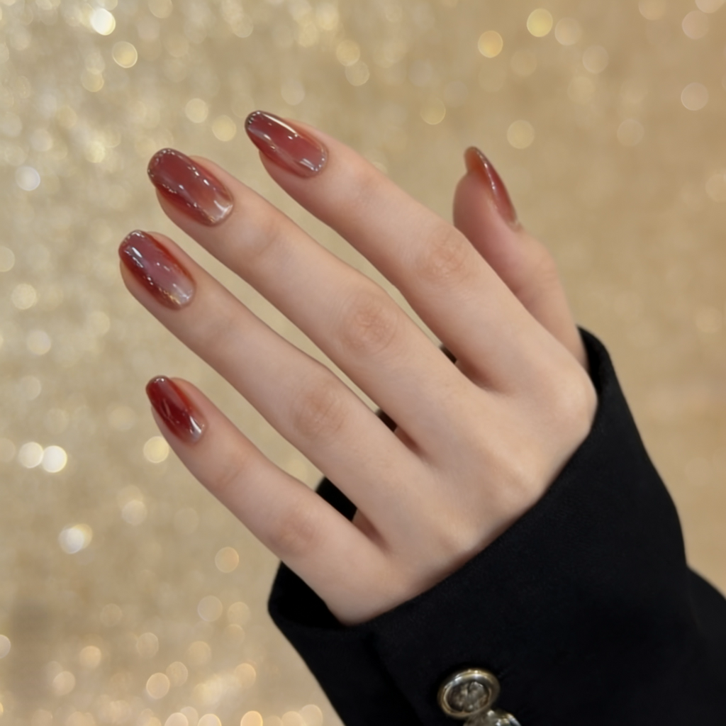 Hand with brown nail polish against a blurred gold background