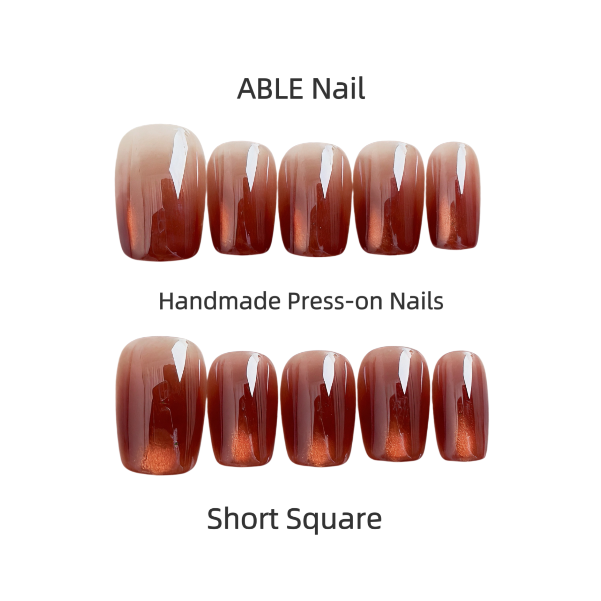 Set of ABLE Nail short square press-on nails with brown gradient design on a white background.