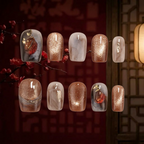 Set of nail art designs displayed against a dark background with floral elements.