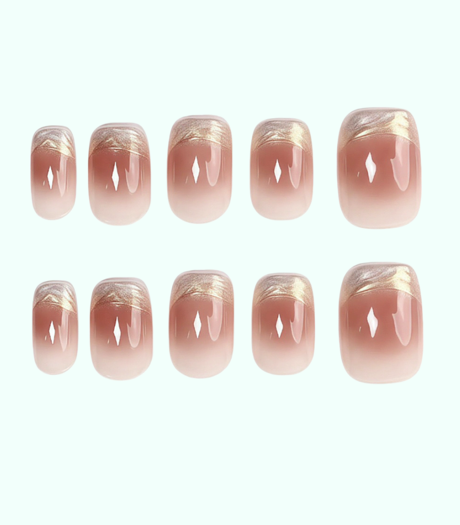 Set of pink and gold gradient nail designs on a white background