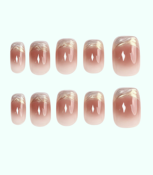Set of pink and gold gradient nail designs on a white background