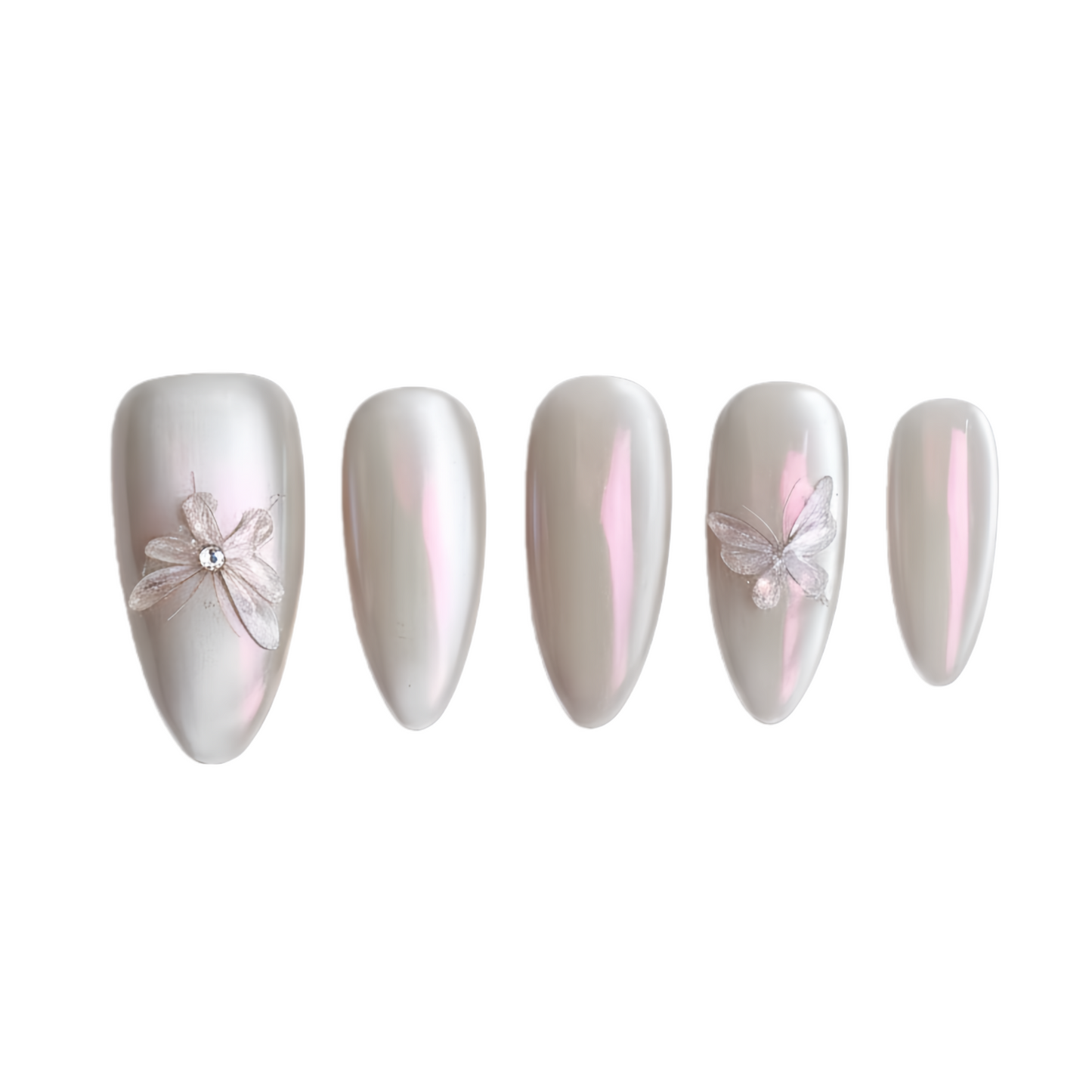 Set of five decorative nails with floral designs on a white background