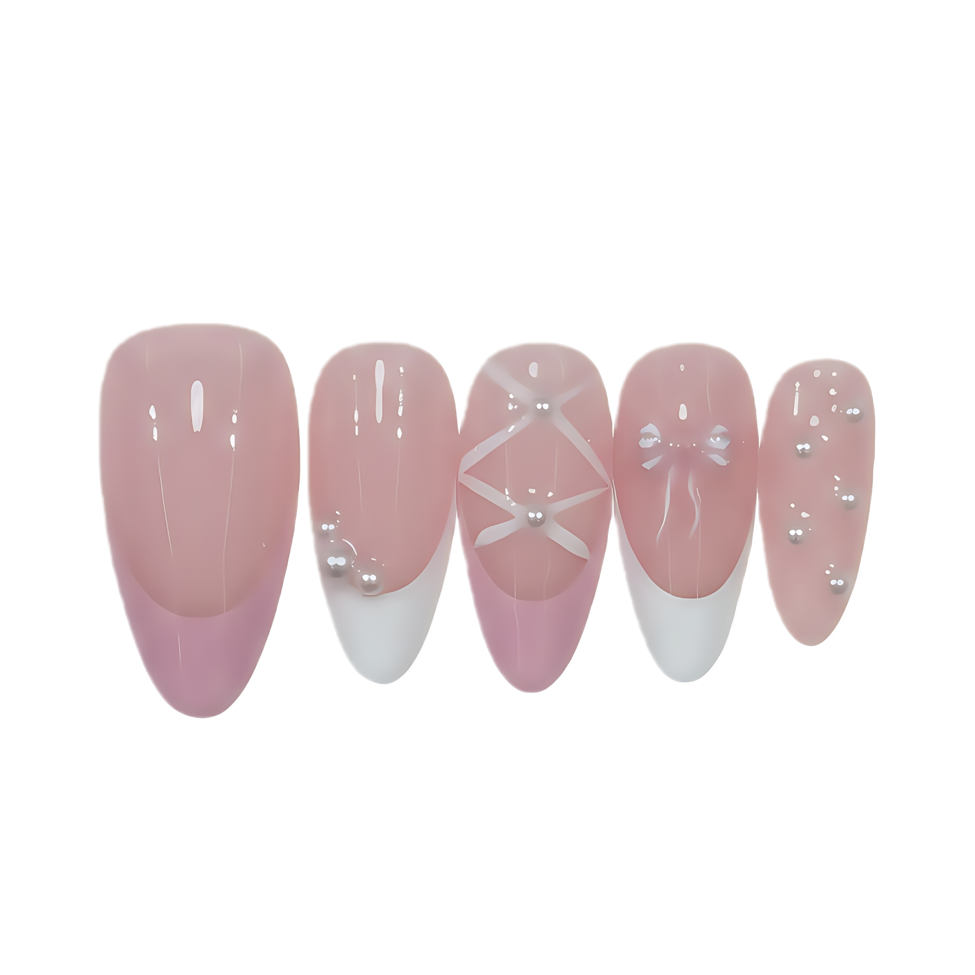Set of pink and white gradient nail art designs on a white background