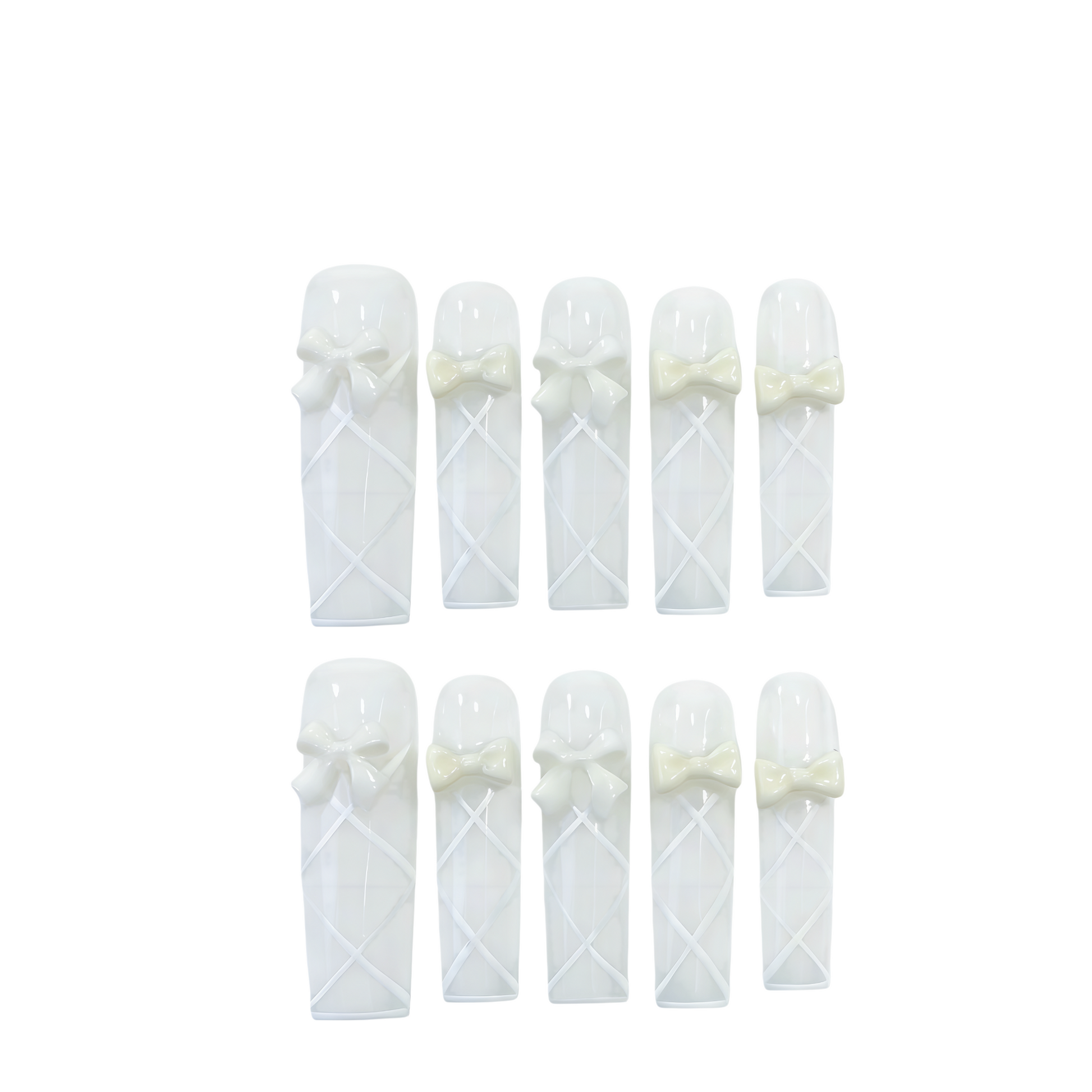 Set of white baby booties with bow details on a white background