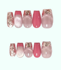 Set of pink and glittery nail designs on a white background
