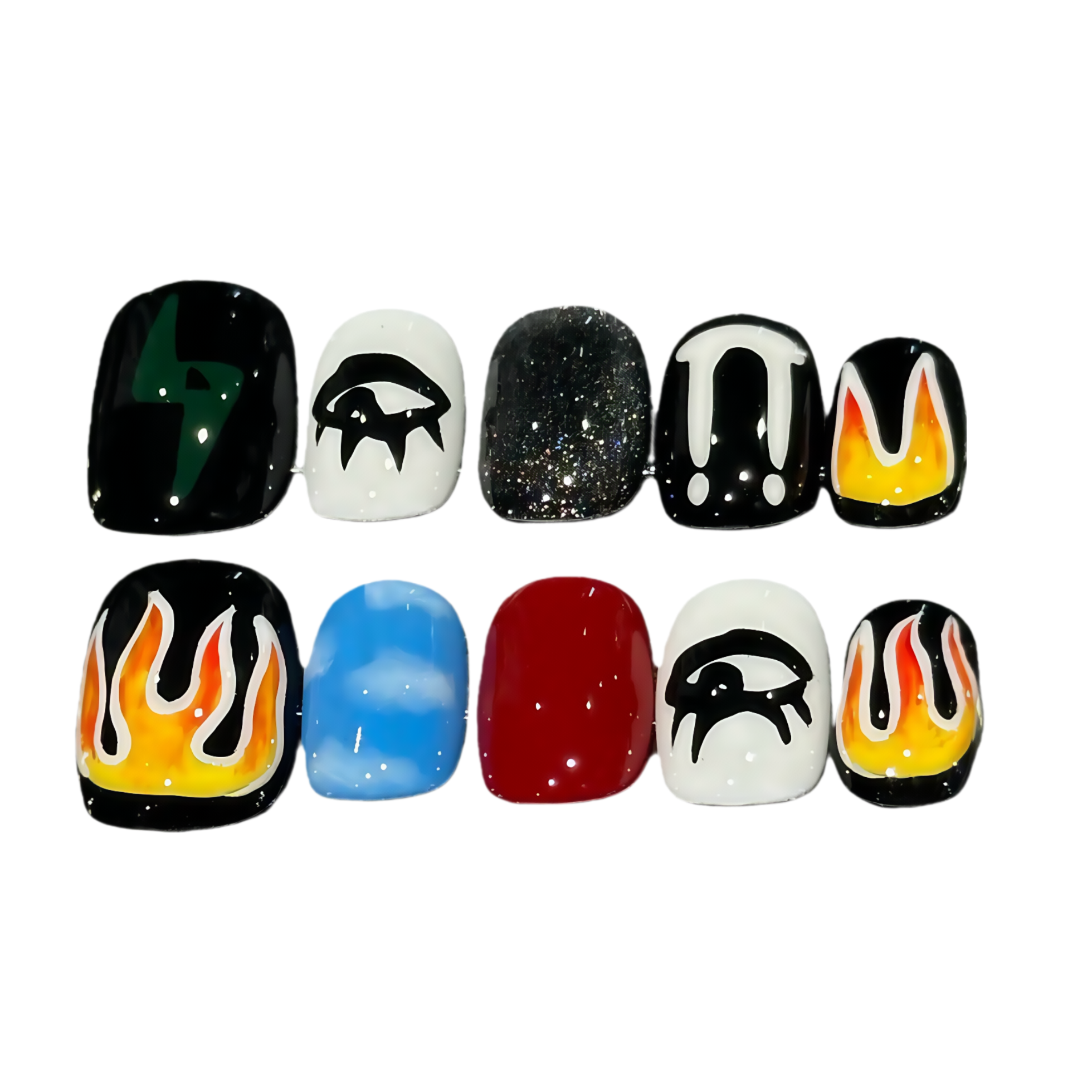 Set of nail art designs on a white background