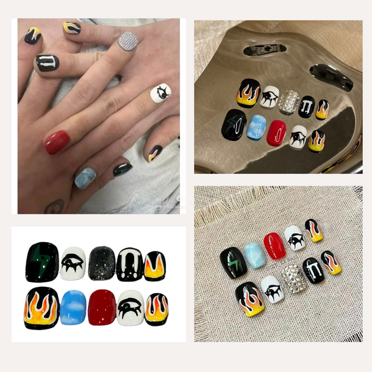 Men's Nails - Black Red White Blue Flame