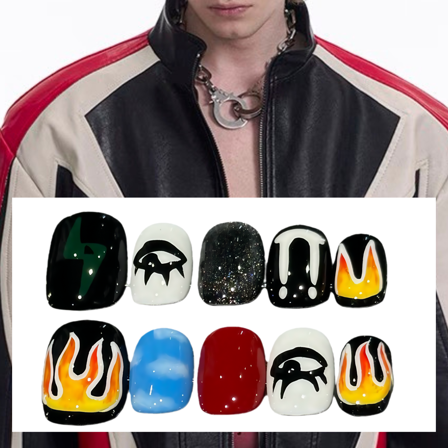 Men's Nails - Black Red White Blue Flame