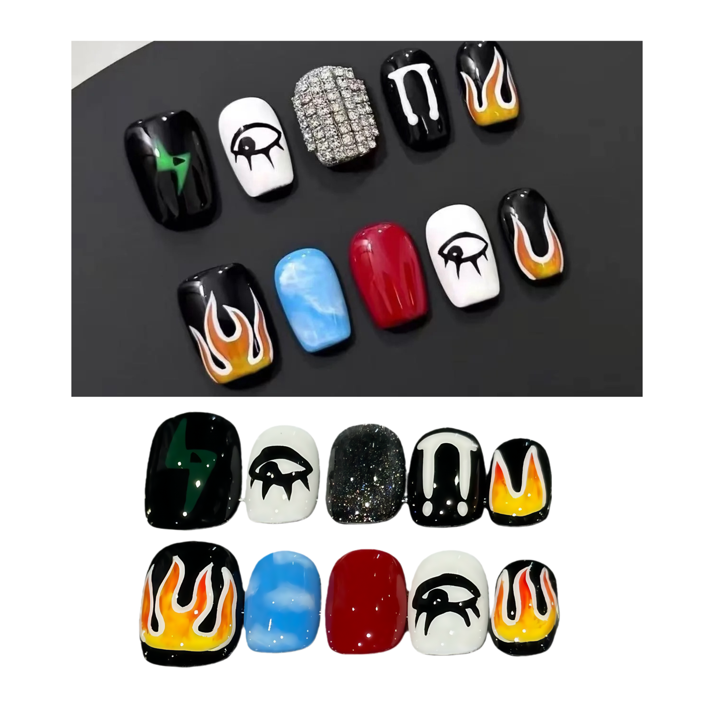 Men's Nails - Black Red White Blue Flame