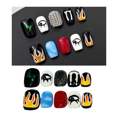 Men's Nails - Black Red White Blue Flame