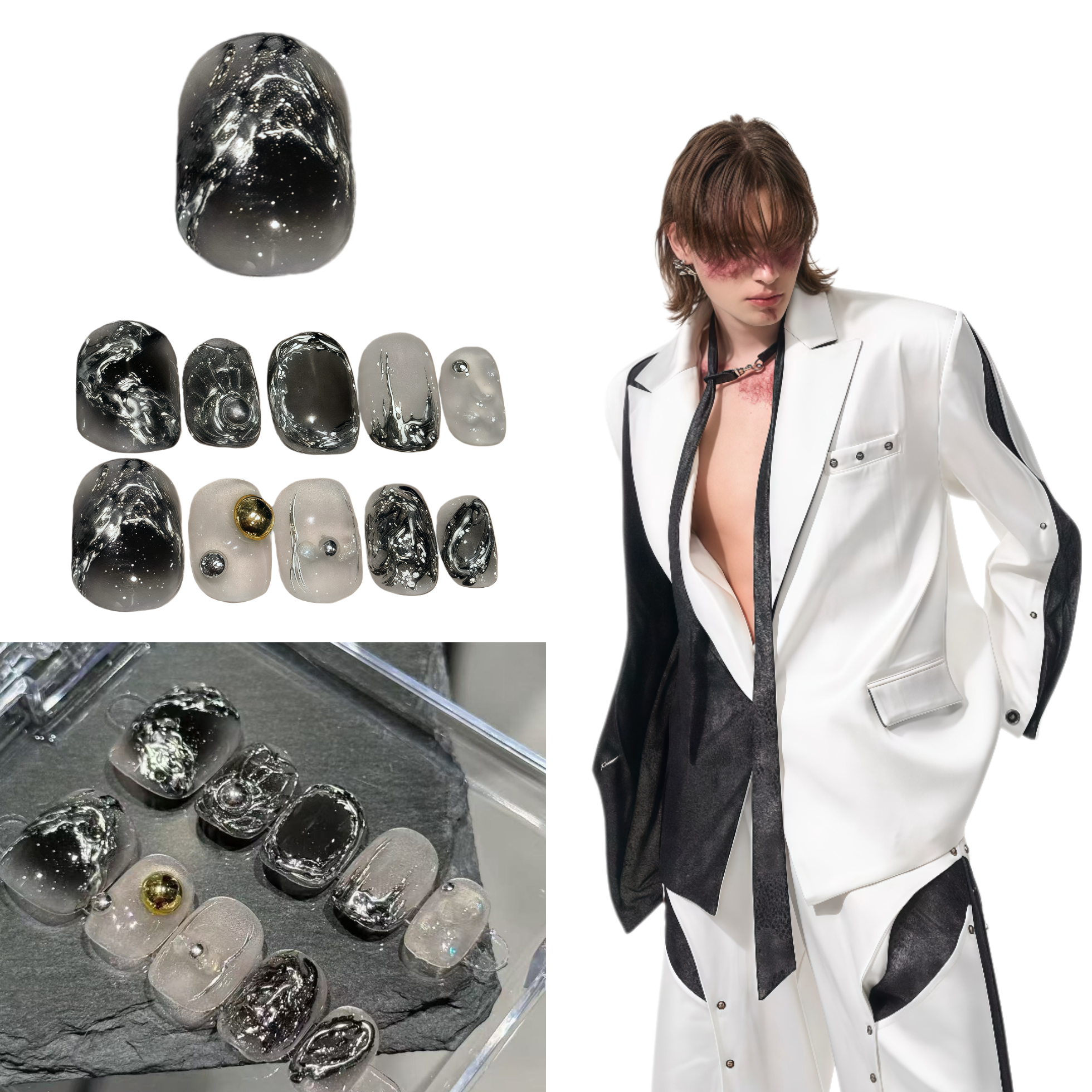 Man in a stylish outfit with black and white marble nail art and a display of nail designs.