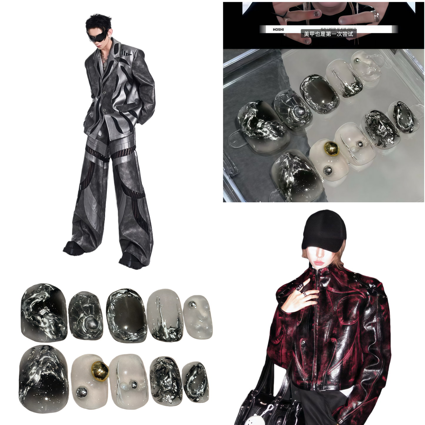 Men's Nails - Black White Gray Liquid Metal