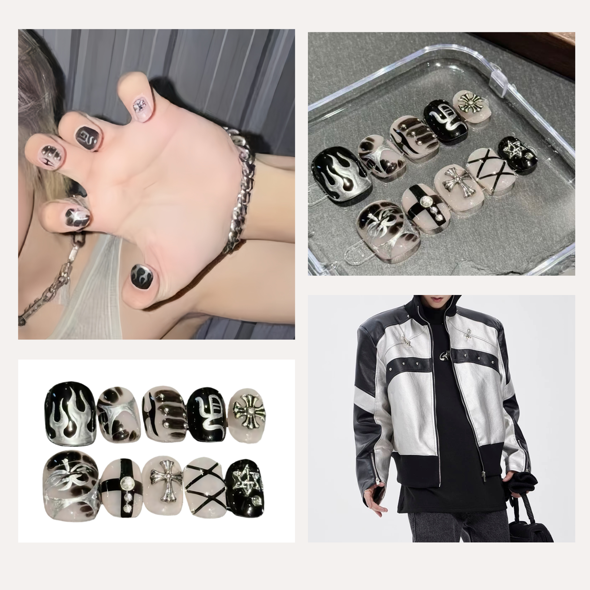 Black and white nail art designs with a hand wearing a bracelet, nail art display, and a person wearing a black and white jacket.