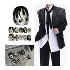 Collection of metallic nail art designs with a person wearing a sparkling black jacket.