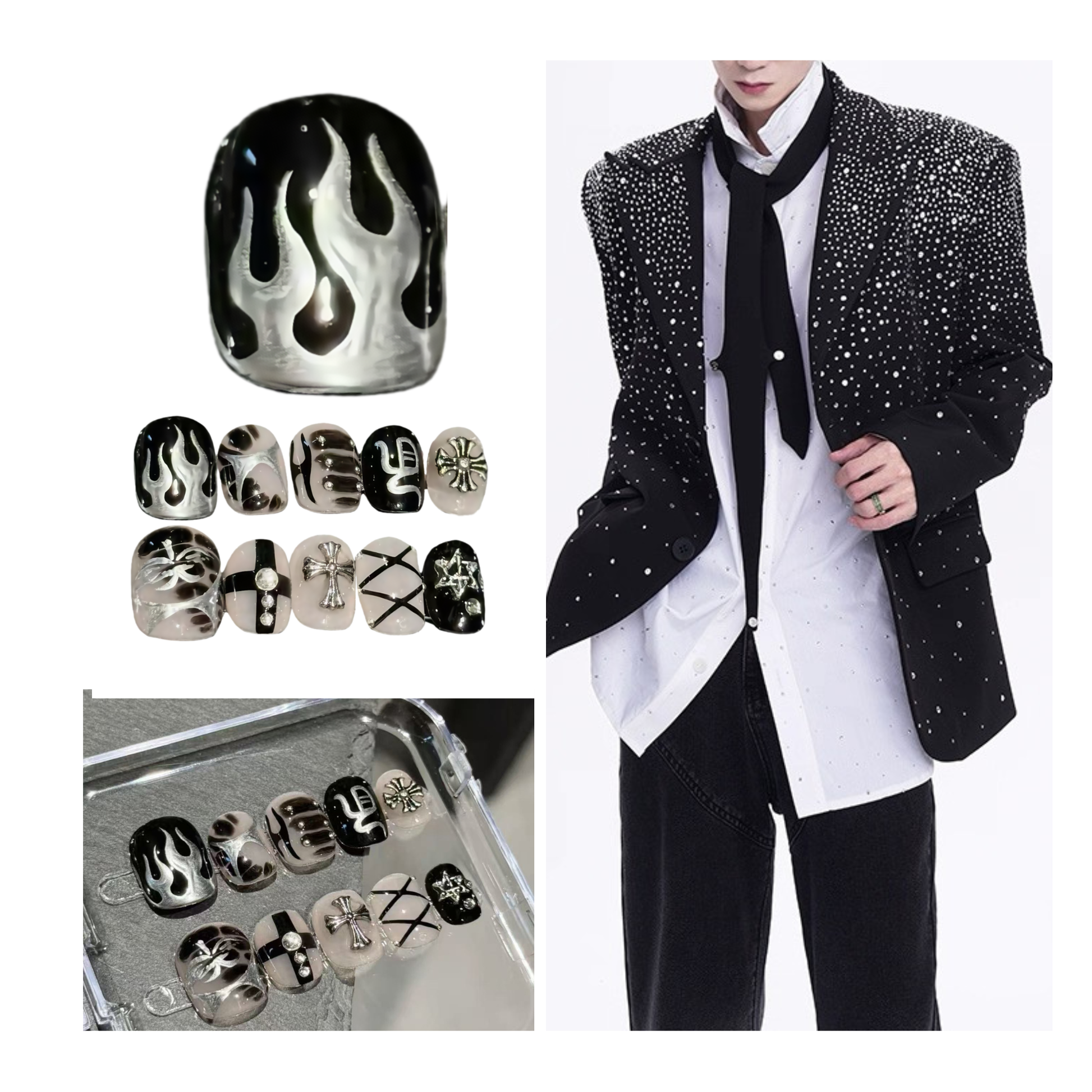 Collection of metallic nail art designs with a person wearing a sparkling black jacket.