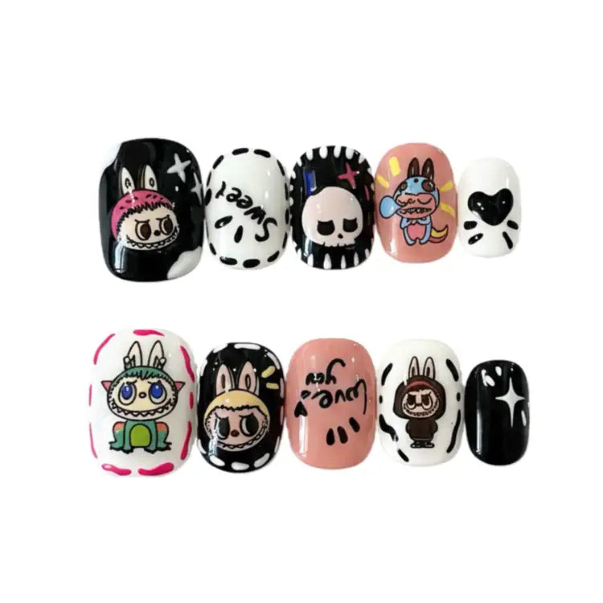 Set of cartoon-themed nail art designs on a white background