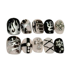 Black and white nail art designs on a white background