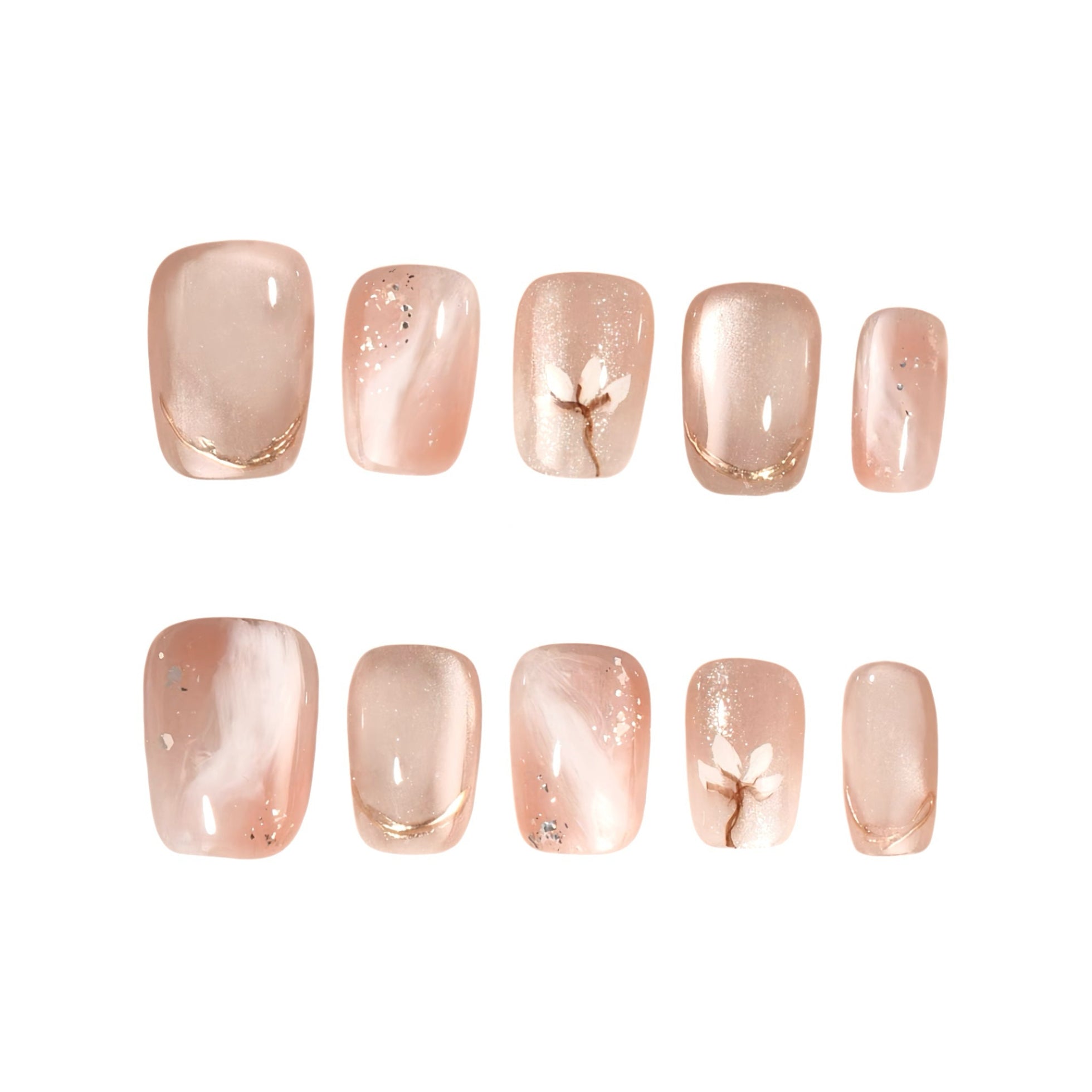 Set of rose gold nail polish samples on a white background