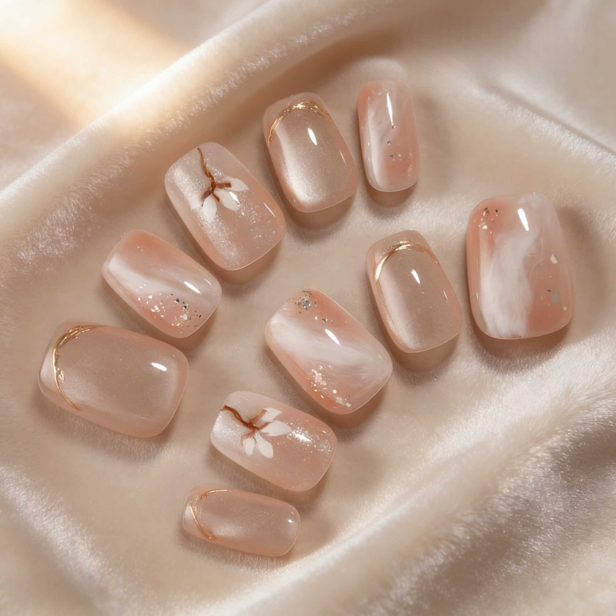 Set of marbled nail designs on a beige fabric background