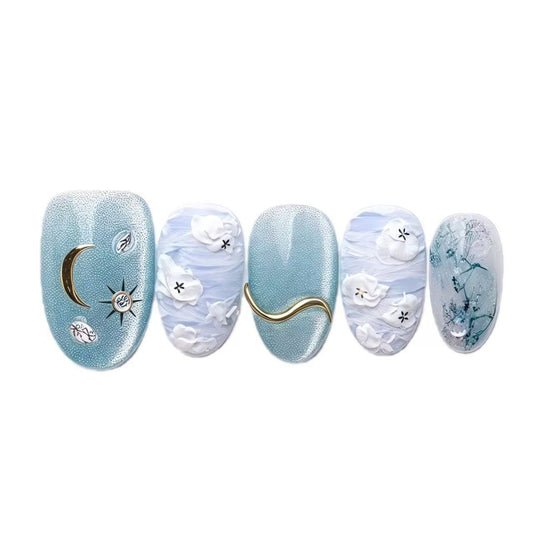 Set of five decorative nail art designs on a white background