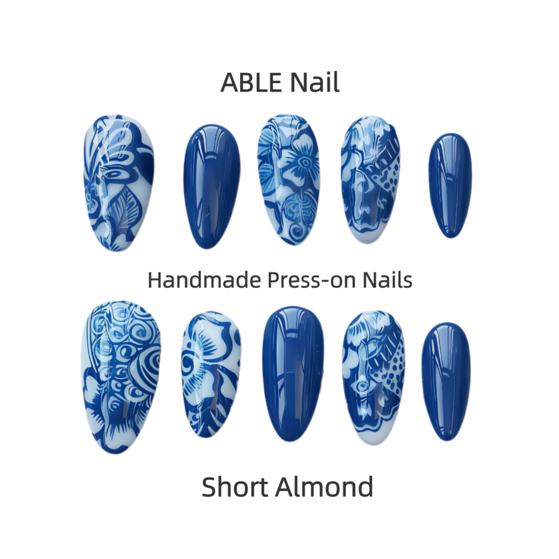Set of ABLE Nail short almond handmade press-on nails with blue and white design on a white background.
