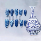 Nail art designs inspired by a blue and white ceramic vase on a white background